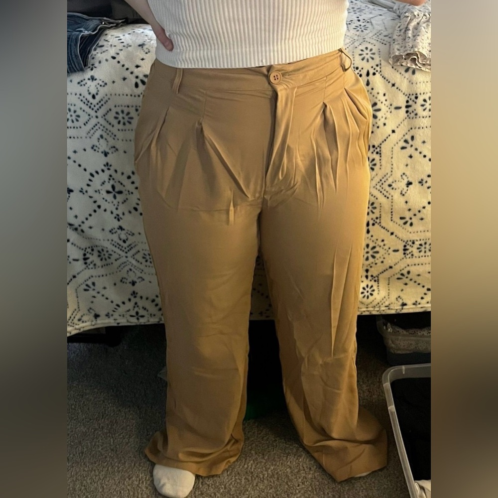 Tan straight-legged trousers
